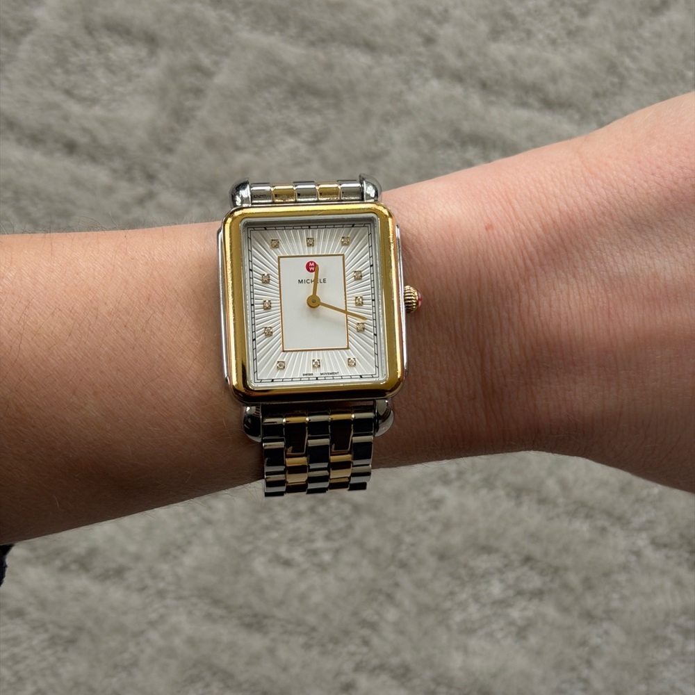 Michele Deco II Two-Tone Rectangular Dress Watch - Gold & Silver - Picture 3 of 6